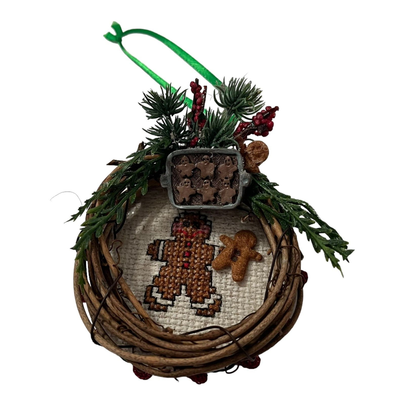 Christmas 3 Inch Wreath Cross Stitch Gingerbread Man Handmade Ornament