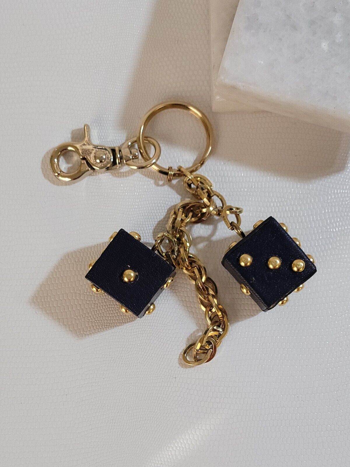 Vintage Leather Dice Keychain, Navy/Gold Dangle Custom Oversized Charm - Rare 