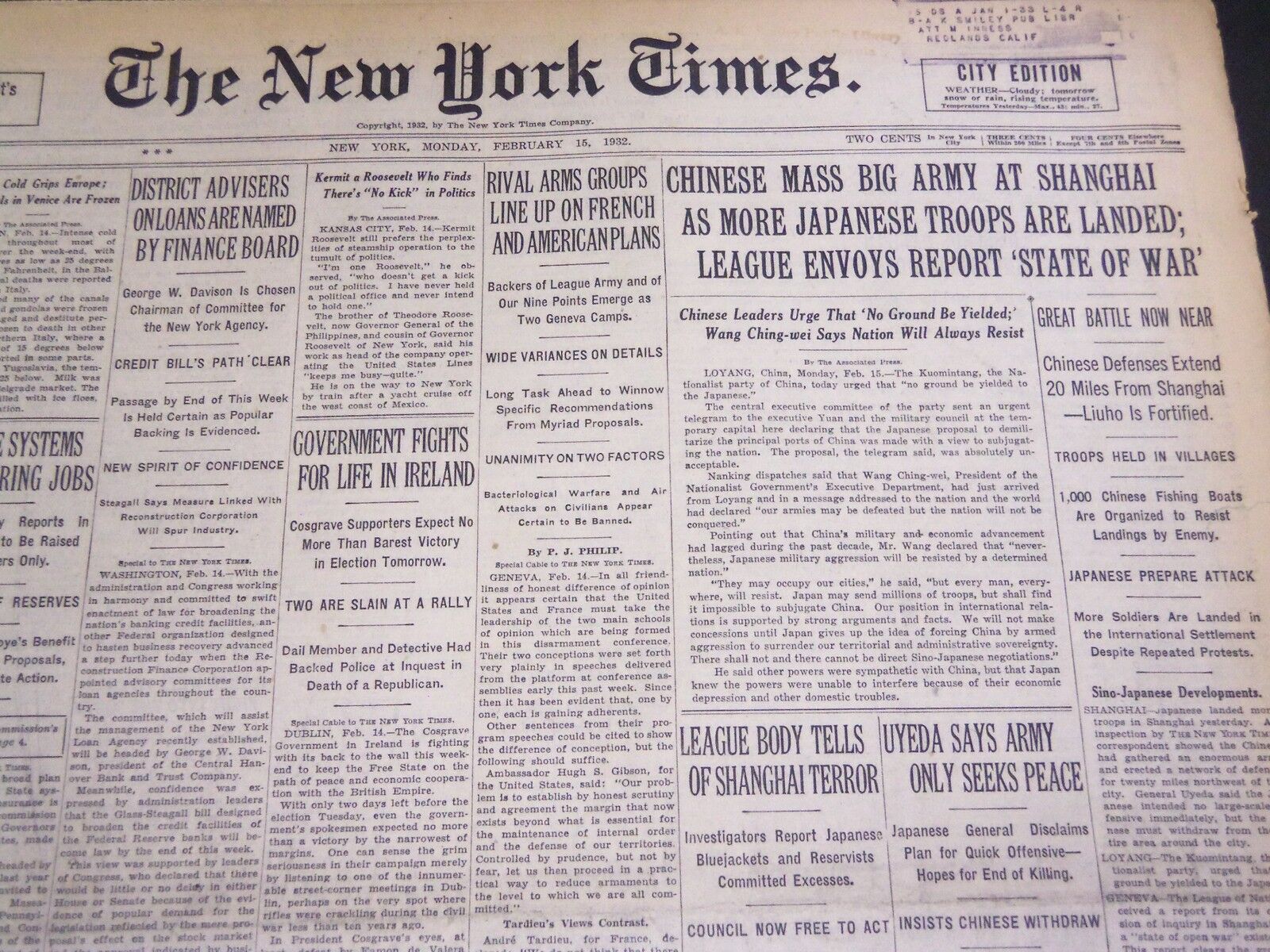 1932 FEBRUARY 15 NEW YORK TIMES - CHINESE MASS BIG ARMY AT SHANGHAI - NT 4792
