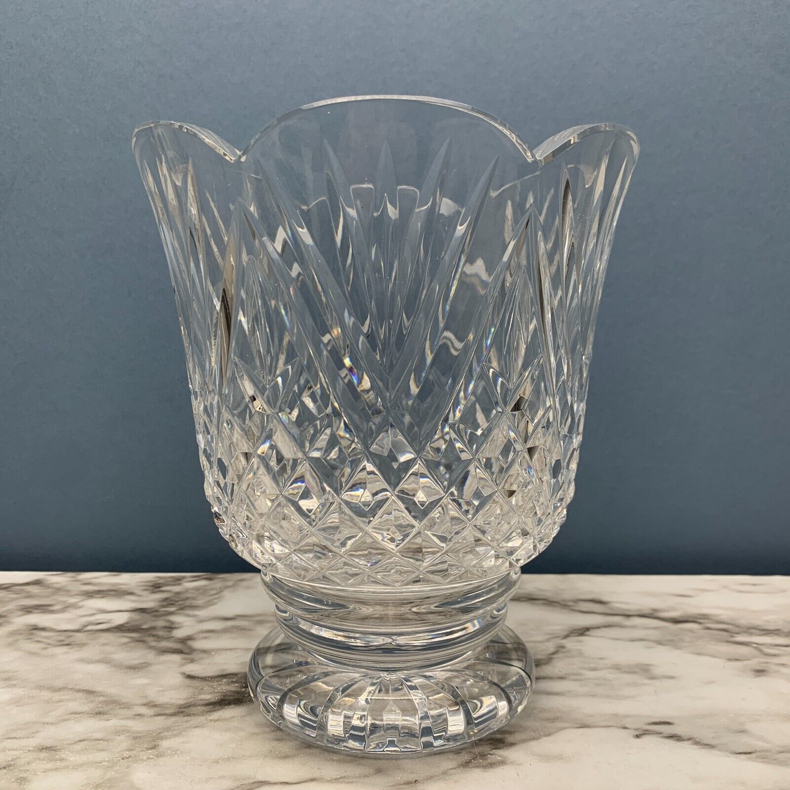Vtg Waterford Crystal Footed Pedestal Glass Scalloped Diamond Fan Urn Vase 7.25h