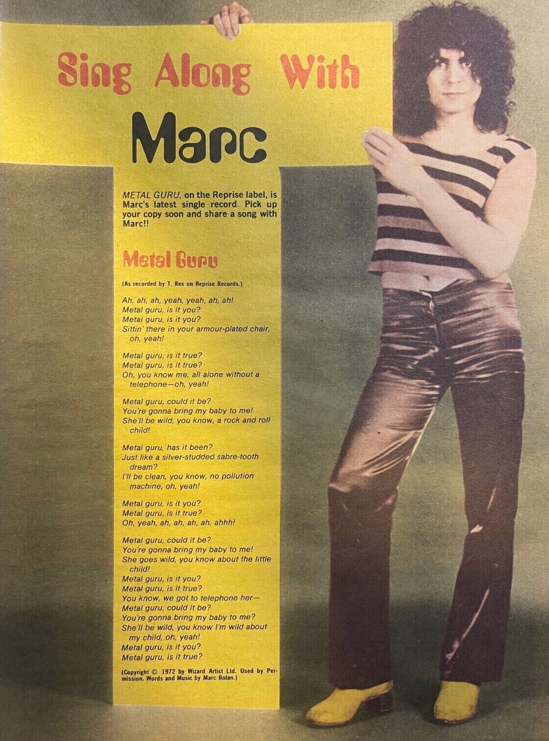 1972 Vintage Magazine Article Sing Along With Marc Bolan