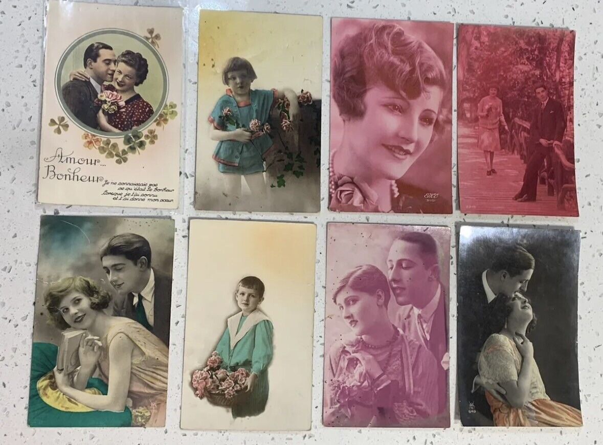 Lot of 8 Postcards Photo Amour Child Woman Romantic SENTIMENTAL VTG 1900’s