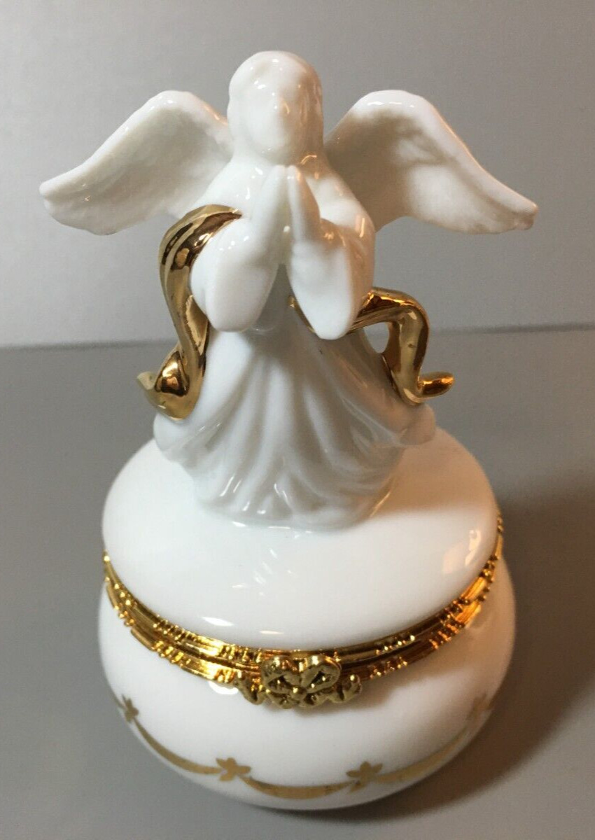 Vintage Lefton Jewelry Trinket Box White Praying Angel With Gold Porcelain