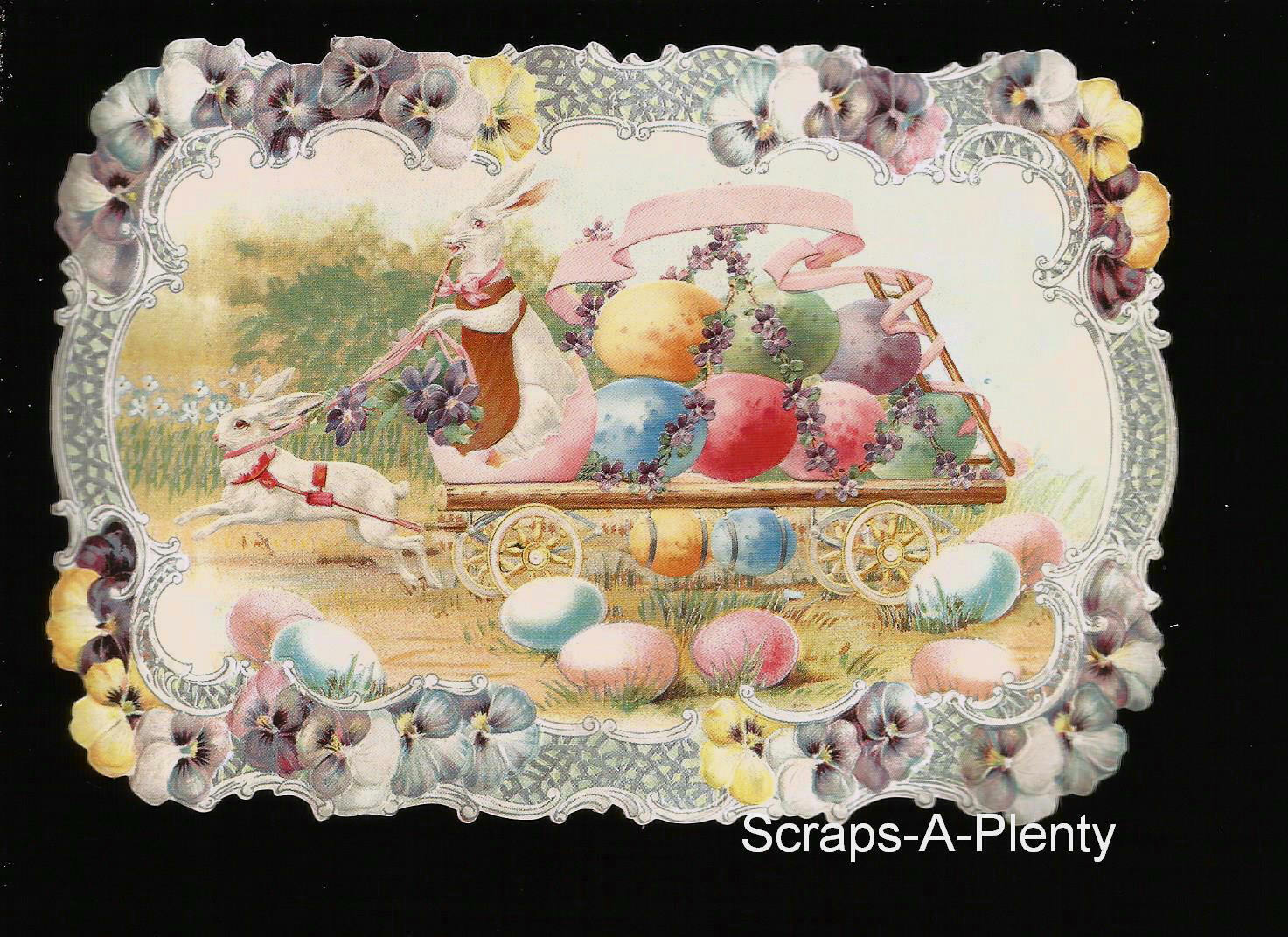 German Vintage Style Scrap Die Cut - Lrg Easter Bunny Cart With Eggs BK5160