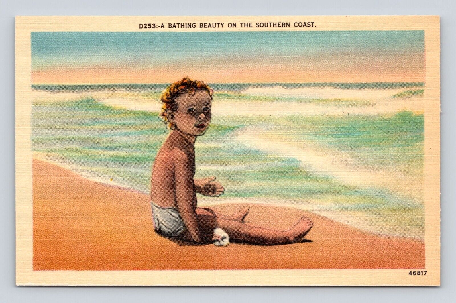 Antique Postcard Sun Bathing Beauty Southern Coast Ocean Beach Little Girl 1940B