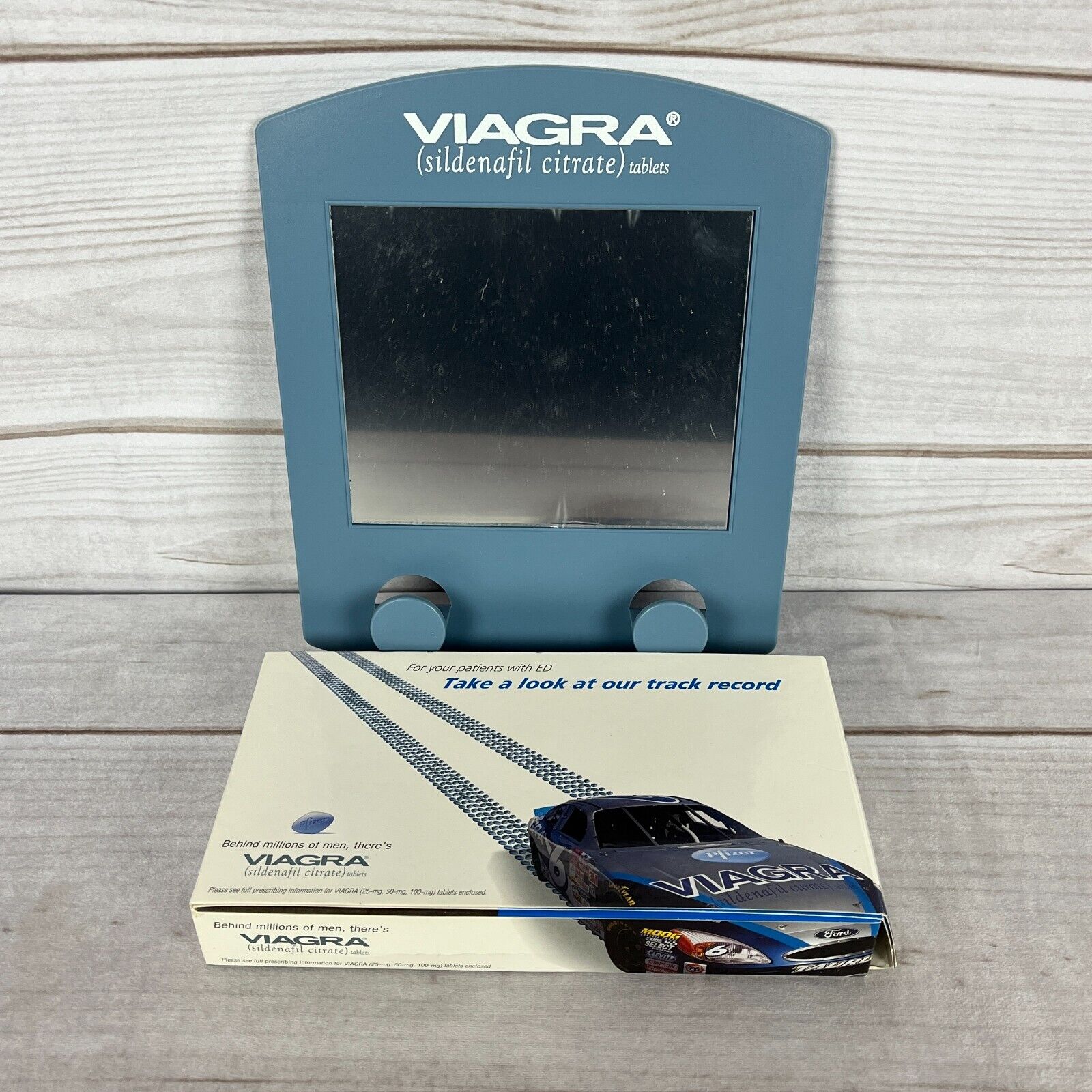 Pfizer Viagra Plastic Mirror & Diecast Racecar Novelty Gag Gift Blue