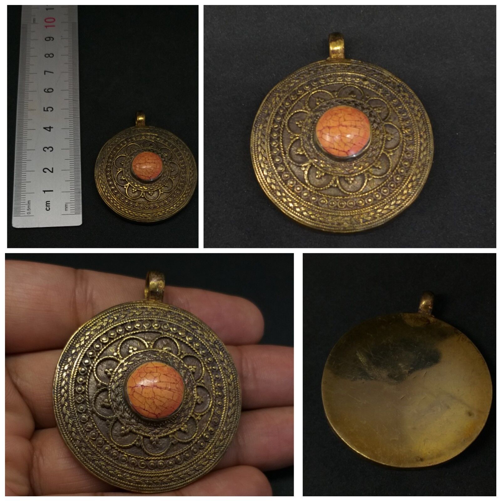 Stunning brass old pendent with orange color howlite #A2