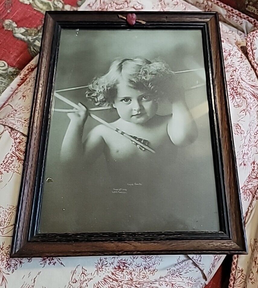 Antique Picture Cupid Awake 1897 Orig Wood Frame Heart Sealed 13  1/2×10 1/2