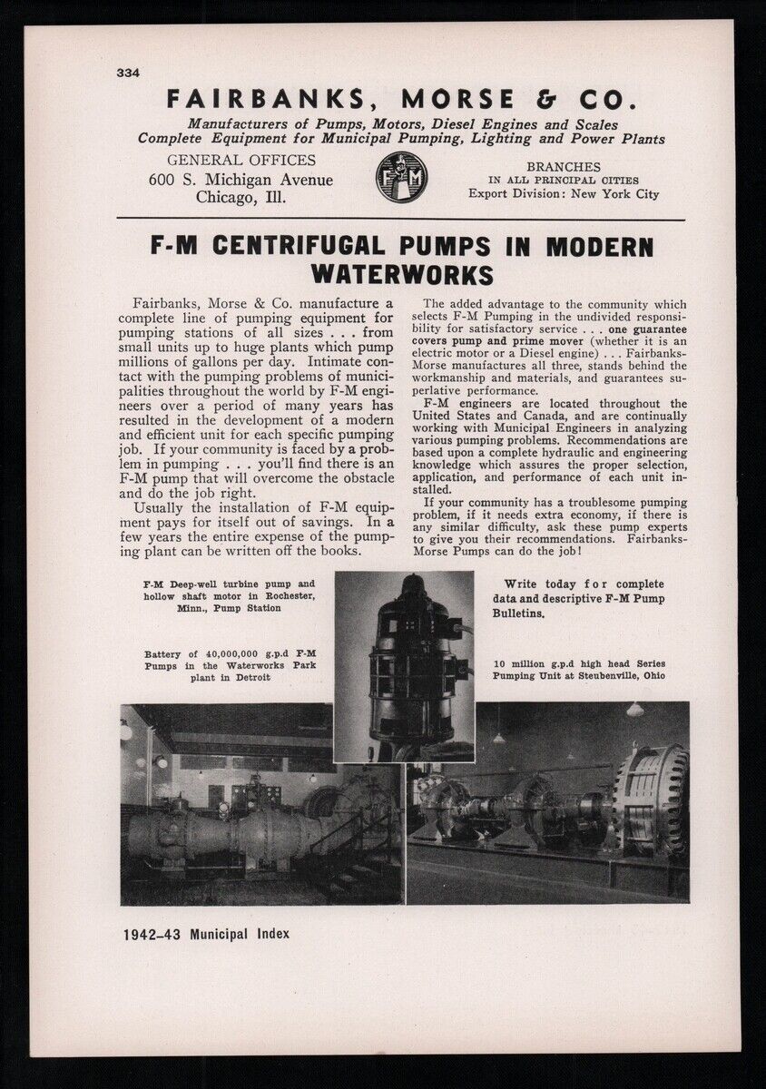 1942 Fairbanks, Morse Co Centrifugal pumps Chicago IL Vintage print ad