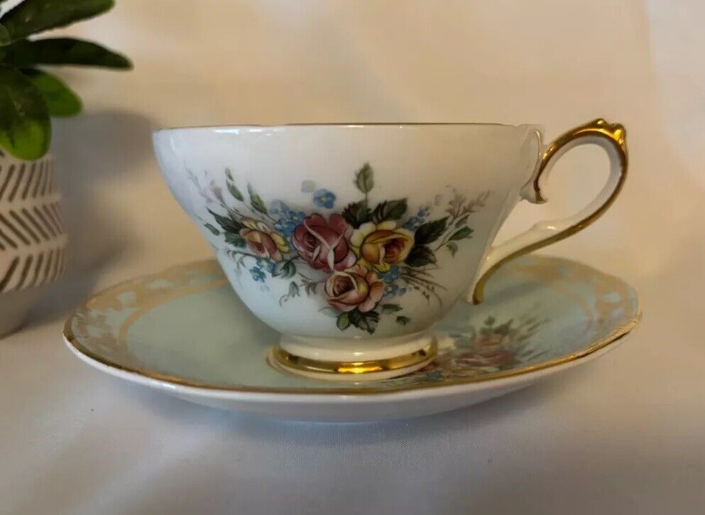 sovereign house Bone China Made In England Green With Pink Roses Cup & Saucer