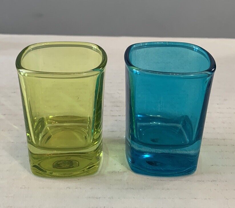 Mini Square Transculent Colored Shot Glasses Weighted Bottom Set of  2
