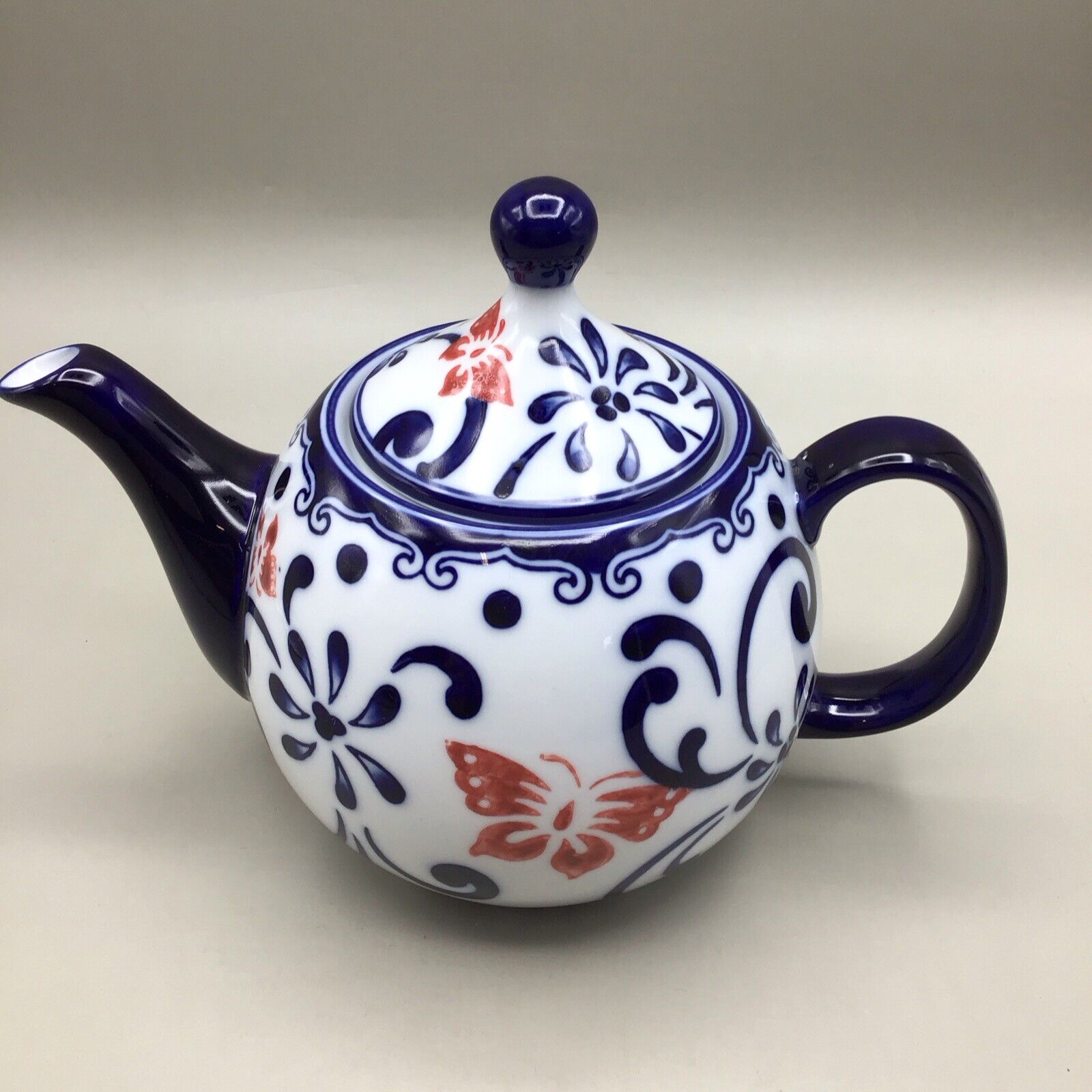 Pier 1 Imports Butterfly Blossom Teapot Blue-White / Red Butterfly Porcelain