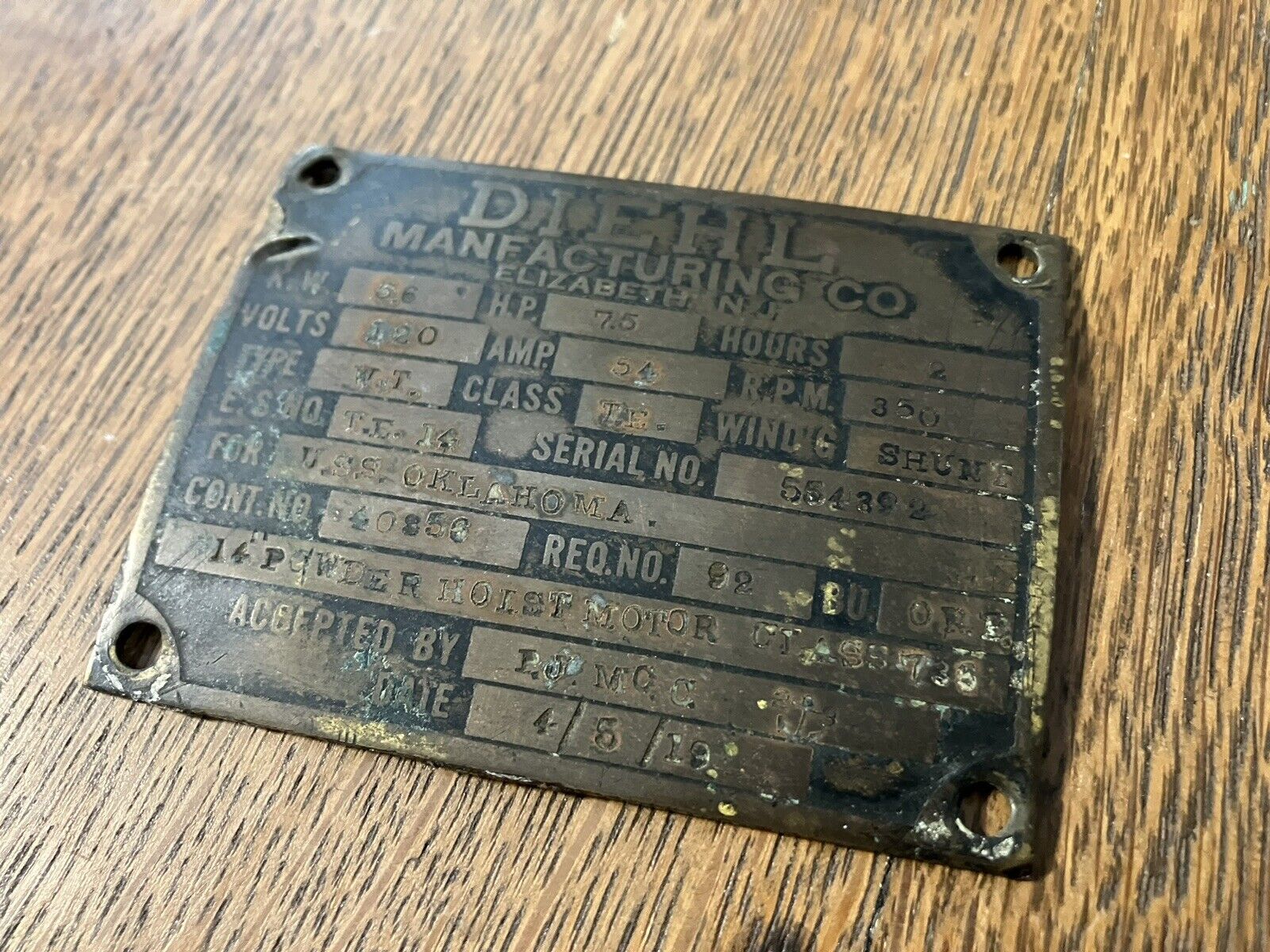 USS OKLAHOMA Data Plate- wwii attack of Pearl Harbor ***AUTHENTIC RELIC***