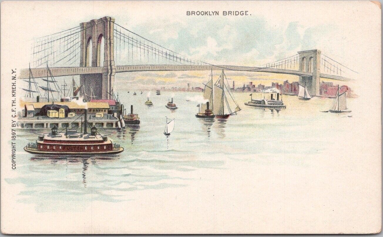 Vintage 1897 BROOKLYN Bridge New York City PMC Postcard East River View / UNUSED