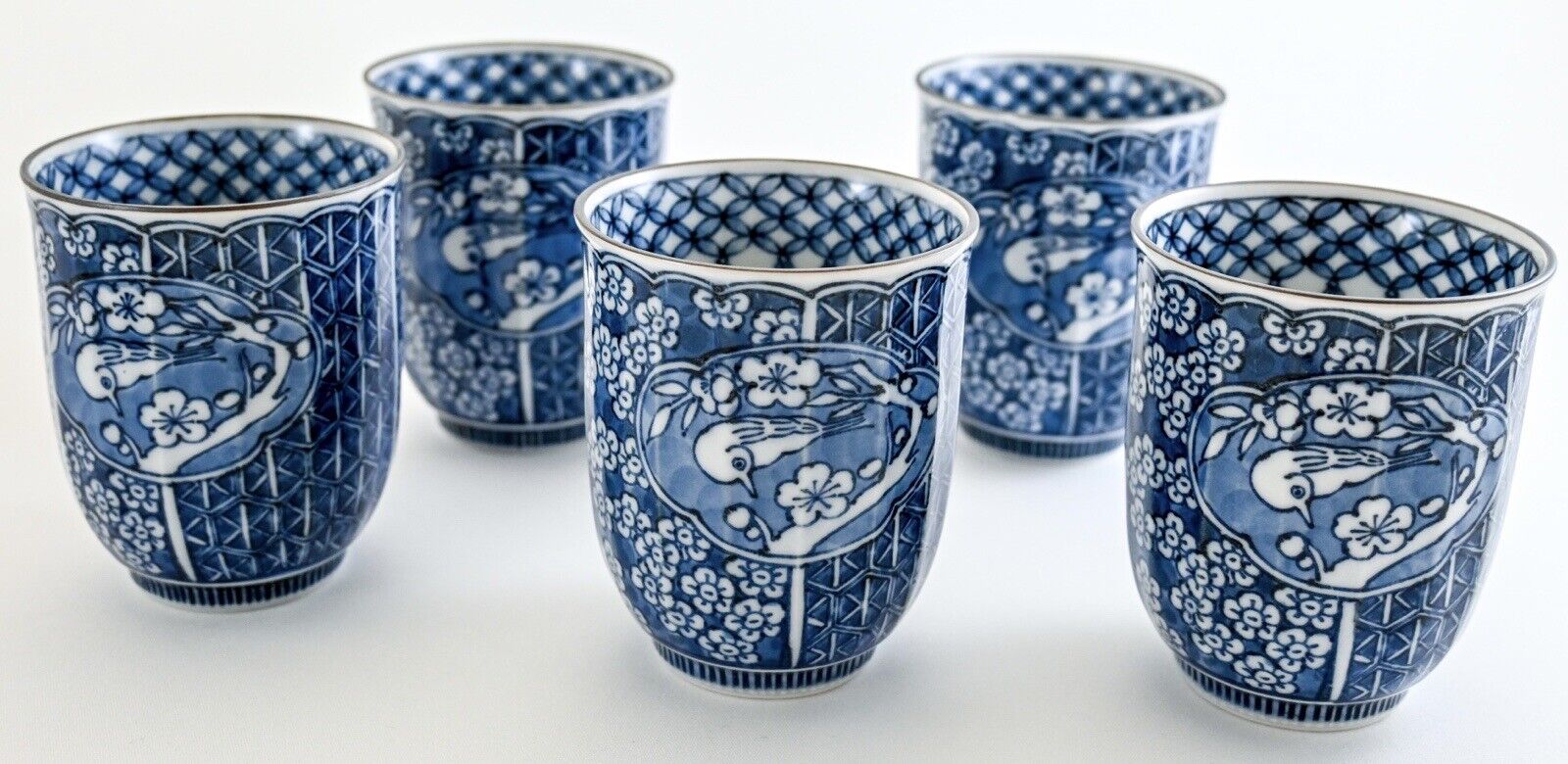 Set of 5 Japanese Porcelain YUNOMI Tea Cup Blue & White Bird & Flower Seto Ware