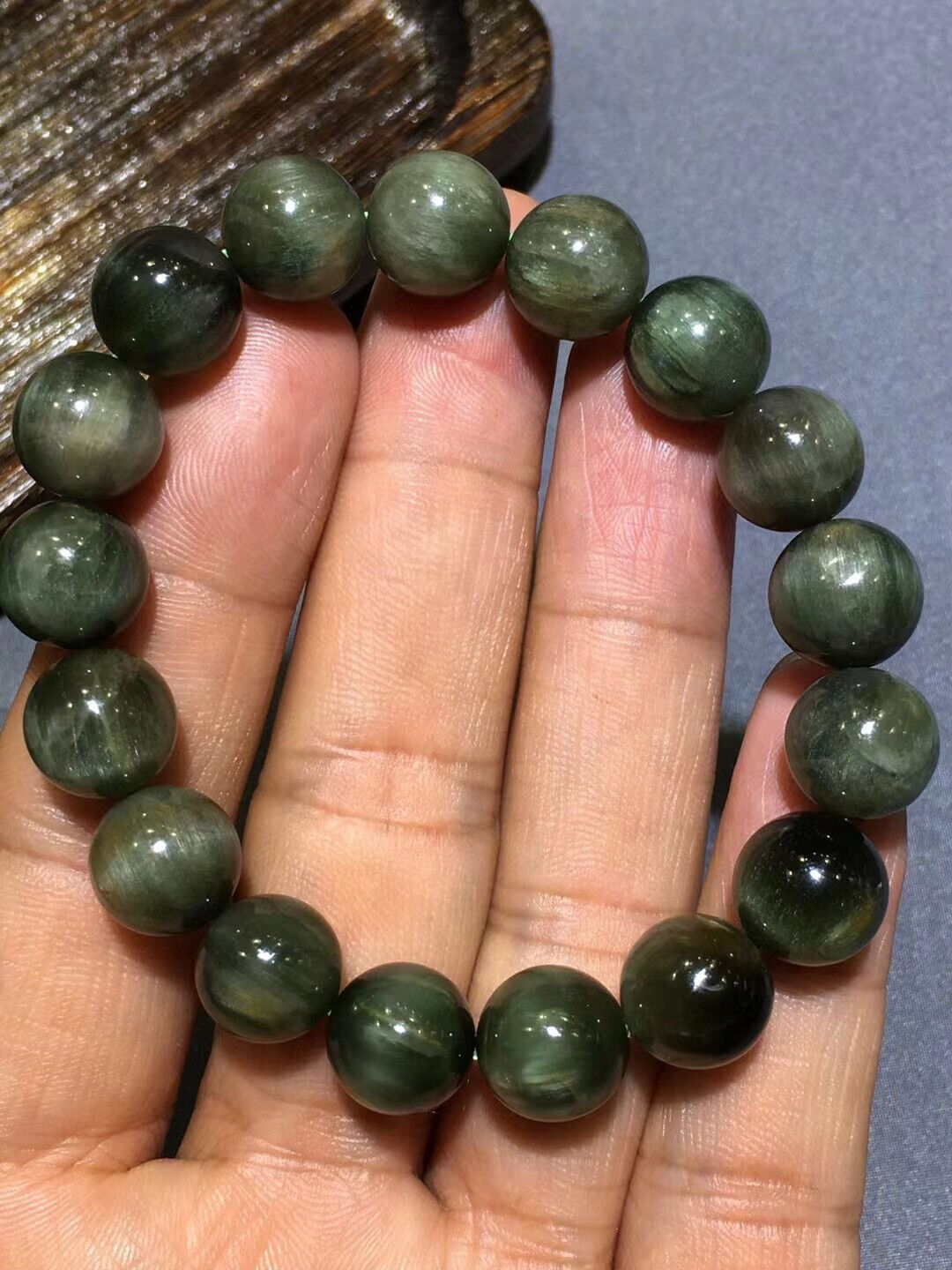 11.5mm Natural Green Hair Rutilated Crystal Beads Bracelet AAA
