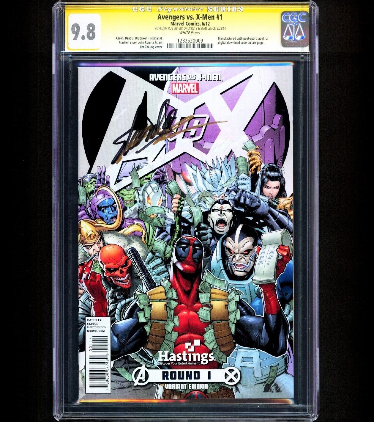 Avengers vs X-Men #1 CGC 9.8 SS DEADPOOL VARIANT STAN LEE ROB LIEFELD Signed HTF