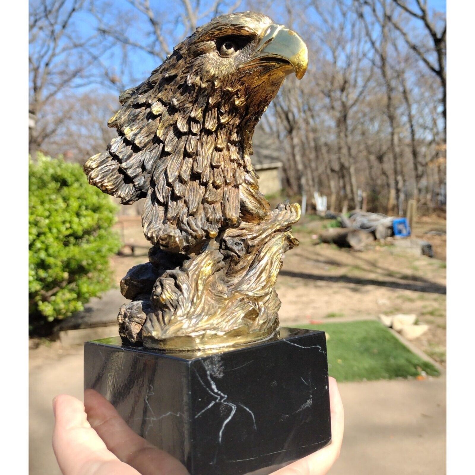 American Bald Eagle Head Bust Copper or Bronze Figure Marble Base