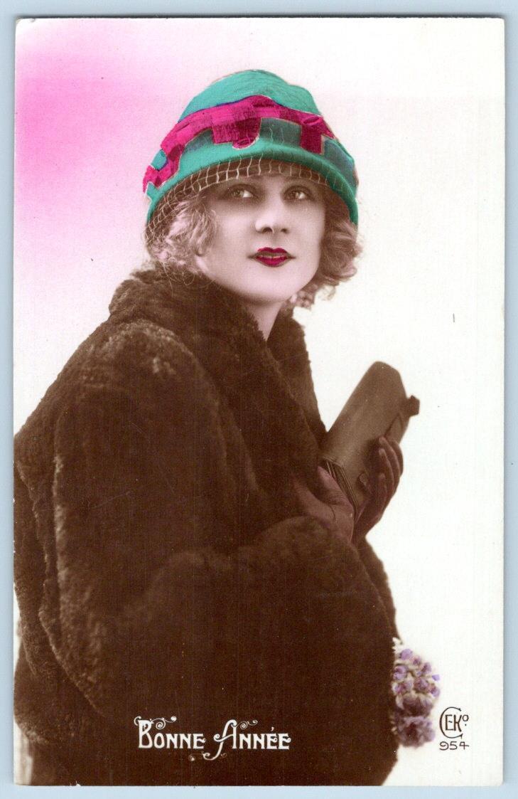 1920's RPPC NEW YEAR HANDCOLORED FLAPPER HAT FUR COAT BEAUTIFUL WOMAN POSTCARD