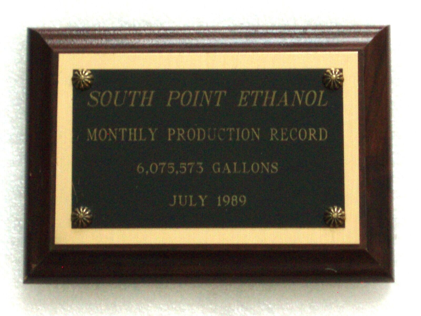 Ethanol Gasoline Award Plaque South Point, Ohio  6,075,573 Gallons July 1989