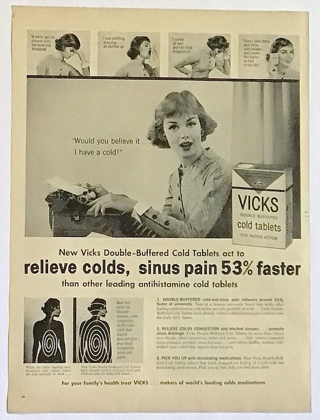 1958 Vicks Cold Tablets Vintage Print Ad Double Buffered Secretary Typewriter