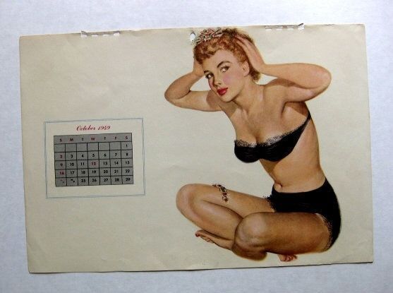 October 1949 Large Pinup Girl Calendar Page by Al Moore Blond in Black Lingure