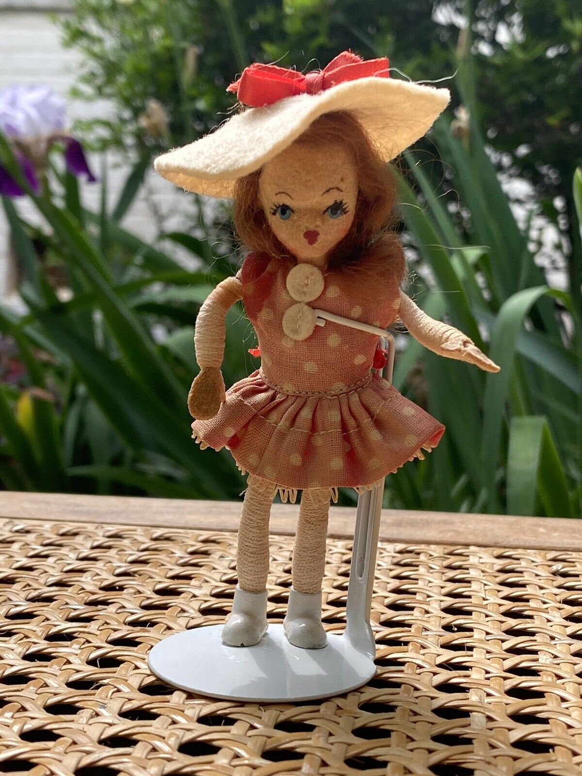Vintage Tiny Town Dollhouse Doll on Crown Kaiser stand Handmade Polka Dot Dress