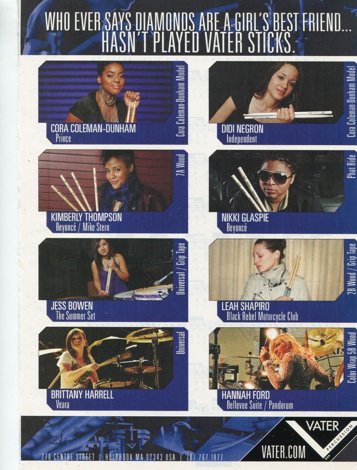 2010 Print Ad of Vater Drumsticks w Hannah Ford, Cora Coleman-Dunham, Jess Bowen