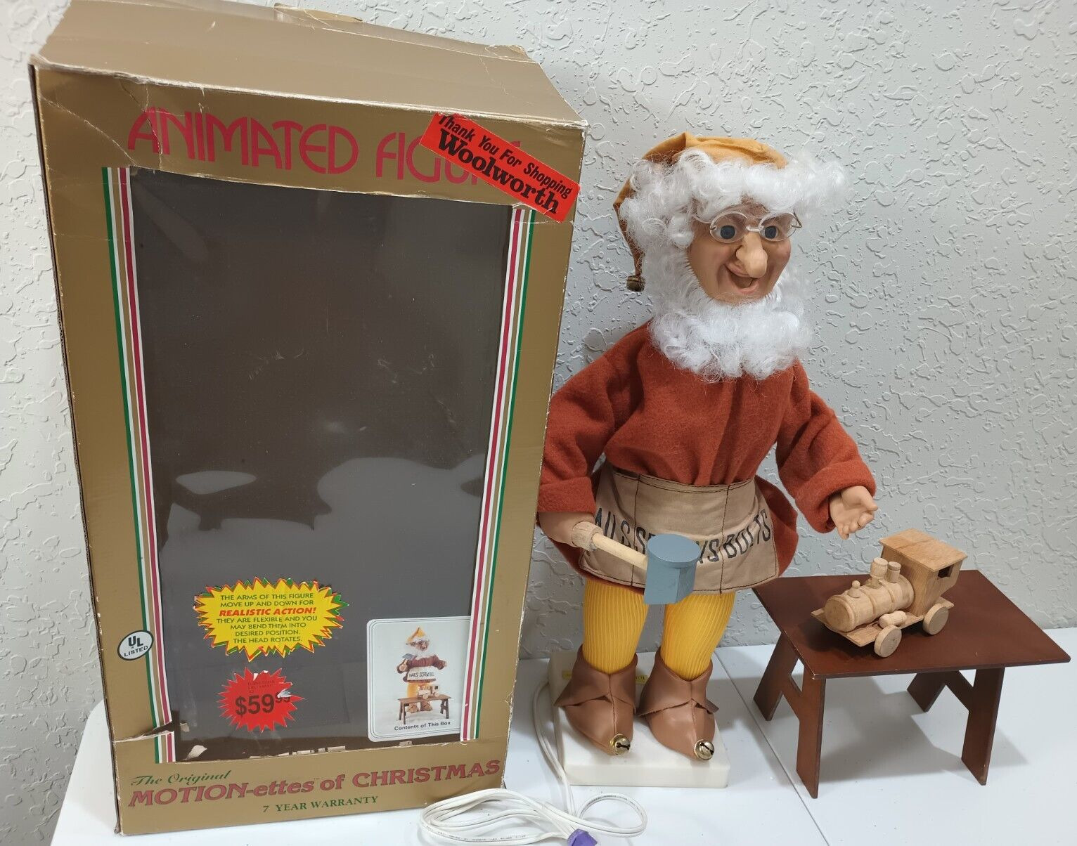 Vintage 1990 Telco Motion-ettes Christmas Animated Helper Elf w Bench Train Box