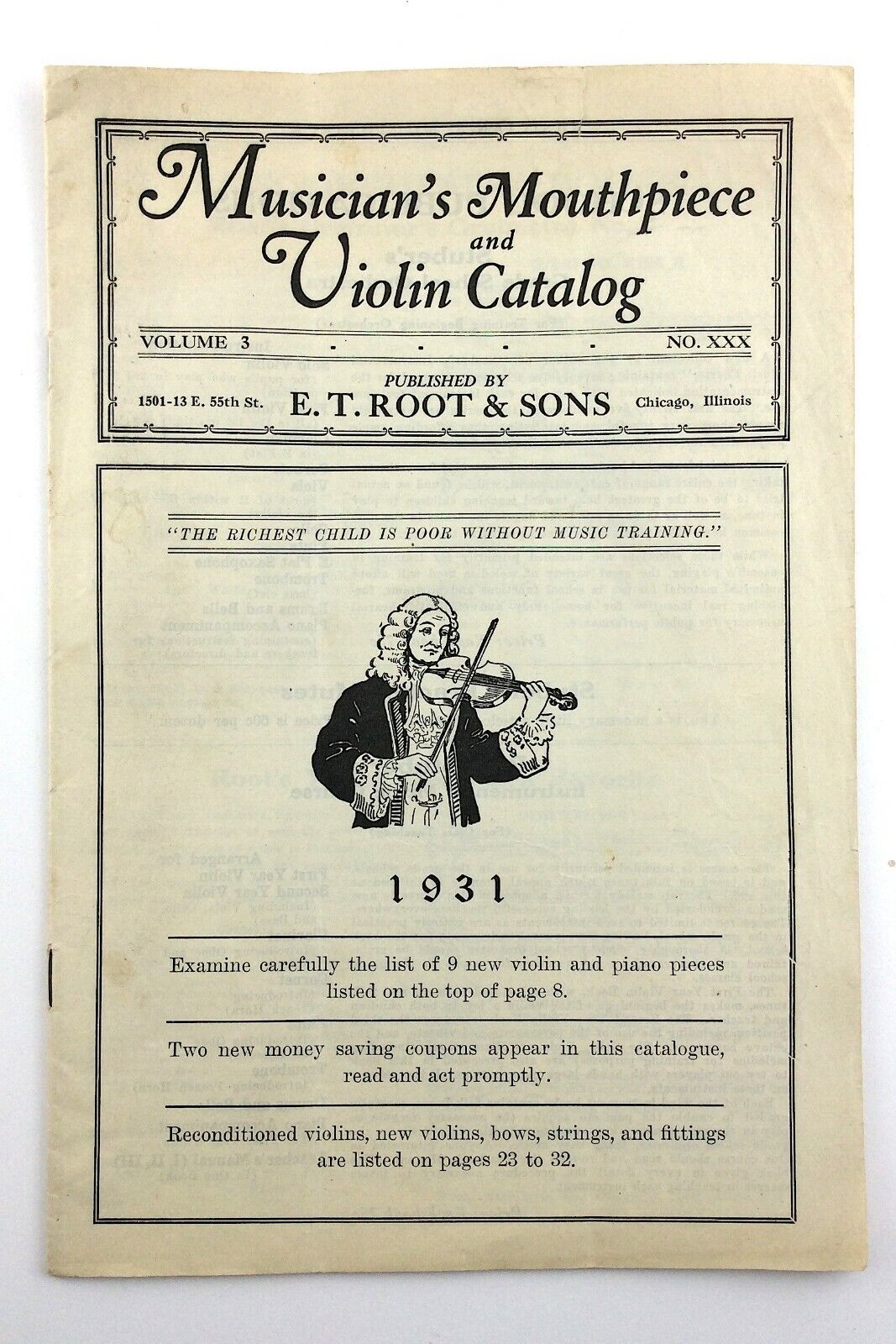 Vintage Musicians Mouthpiece Violin Catalog 1931 ET Root Sons Music N196