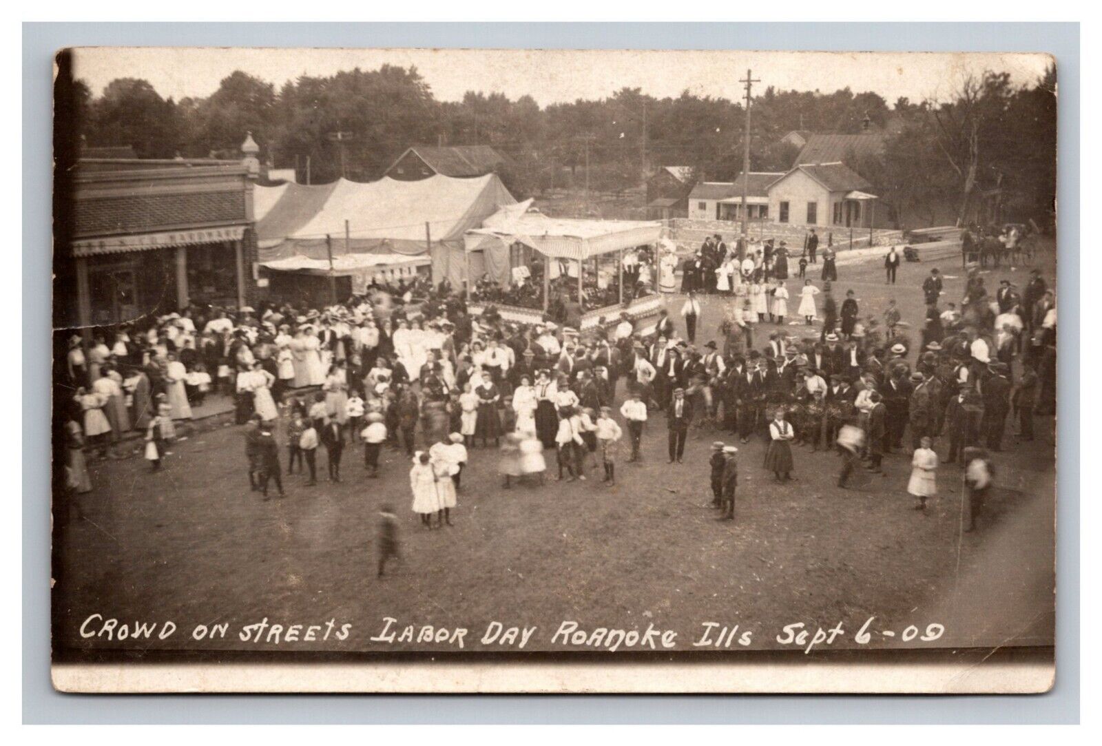Postcard RPPC 1909 Roanoke Illinois Labor Day Parade Band Stand Store Peoria
