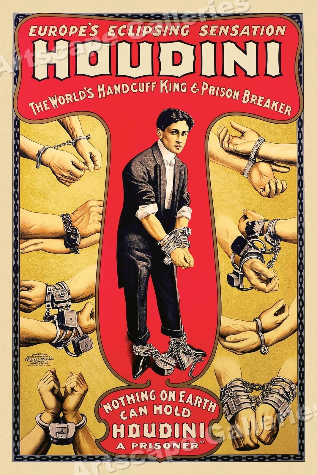1920's Harry Houdini Classic Handcuff Escape Magic Poster - 24x36