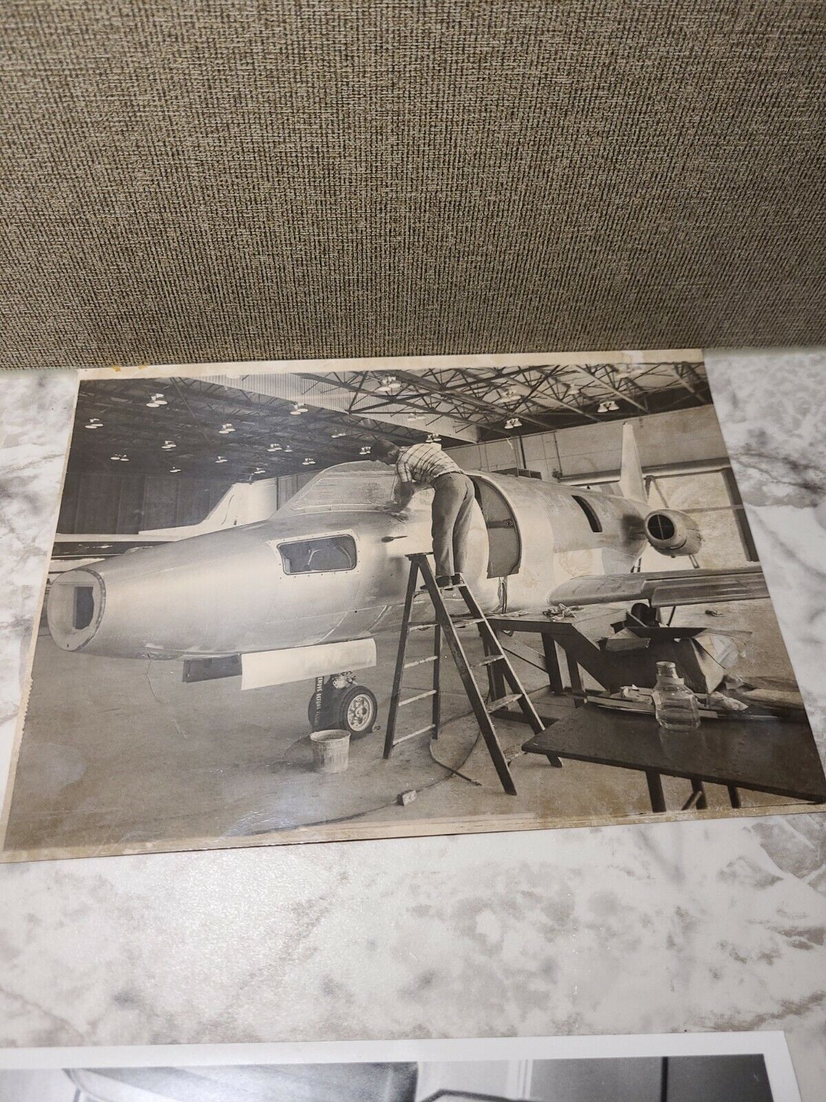 1968 Sabreliner Press Photo Jet Twin Under Construction Business Hangar Ladder 