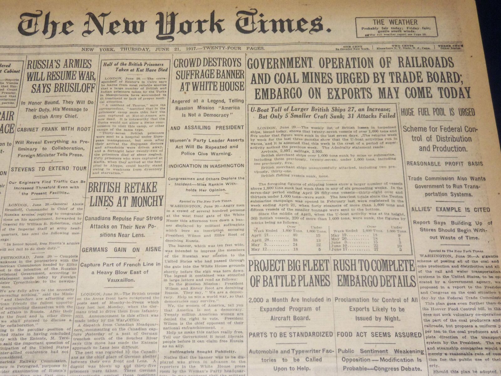 1917 JUNE 21 NEW YORK TIMES - SUFFRAGE BANNER DESTROYED AT WHITE HOUSE - NT 7808