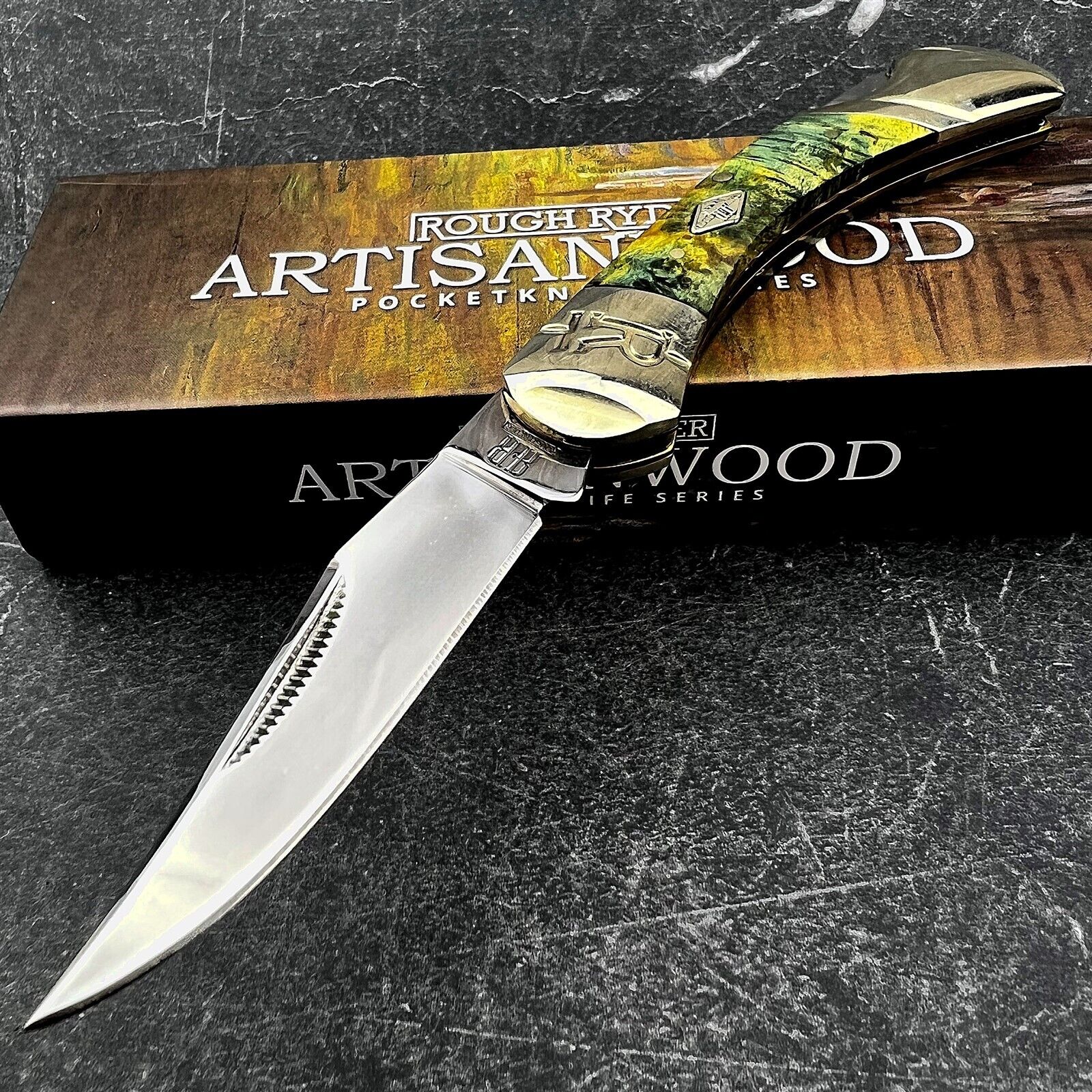 Rough Rider Green Artisan Wood Handles Lockback Folding Clip Blade Pocket Knife