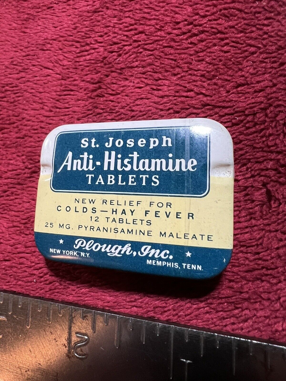 Vintage St. Joseph Anti-Histamine Aspirin Size Tin with Original Directions.