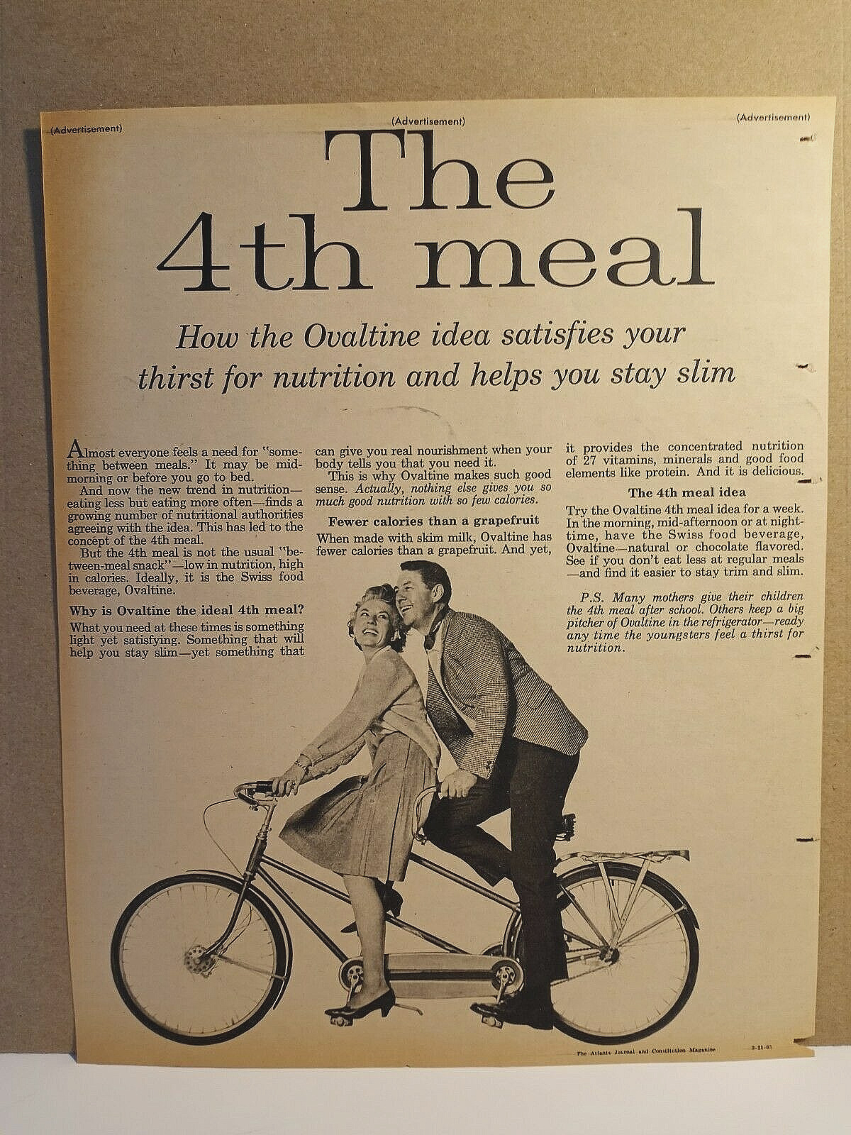 1965 Couple Riding Bicycle The 4th Meal Vintage Print Ad Fewer Calories