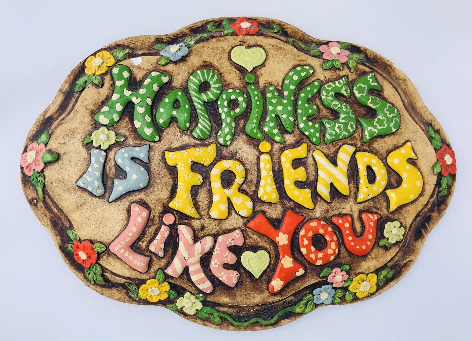 Vintage Boho Hippie Chalkware WALL PLAQUE Happiness is Friends Patchwork Design