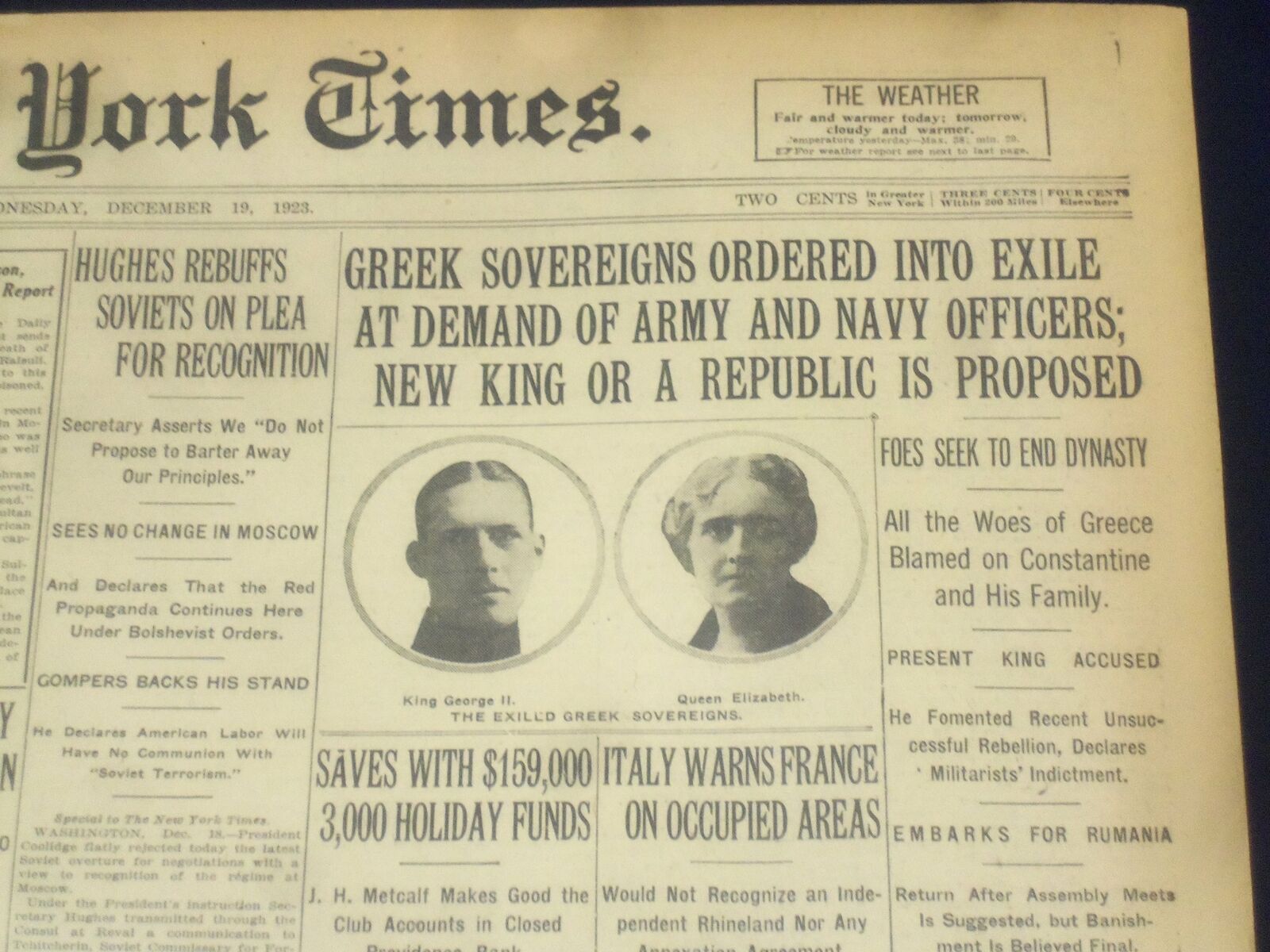 1923 DECEMBER 19 NEW YORK TIMES - GREEK SOVEREIGNS ORDERED INTO EXILE - NT 9230