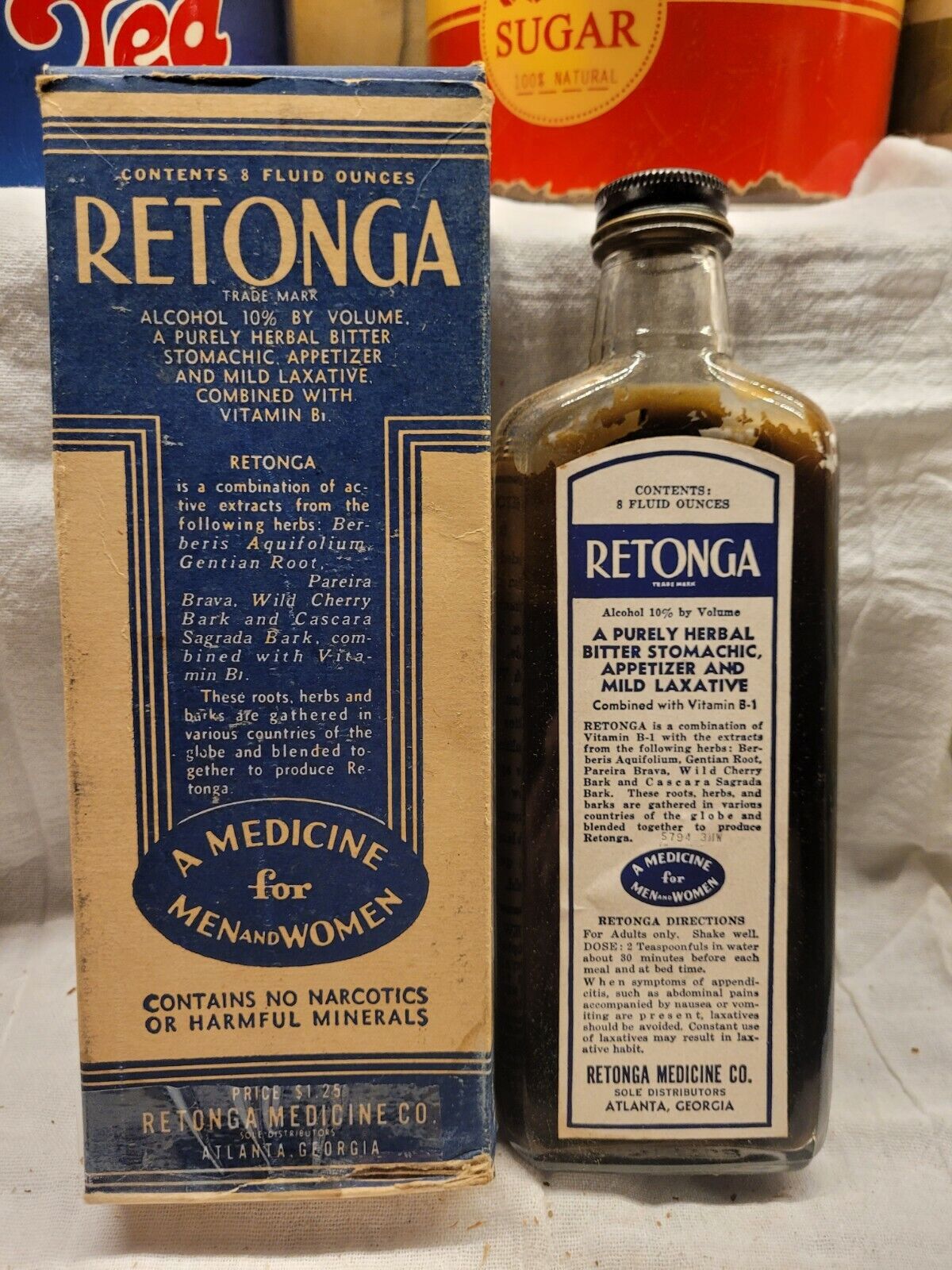 LARGE RETONGA HERBAL BITTER STOMACH REMEDY COMPLETE w ORIGINAL BOTTLE and BOX 