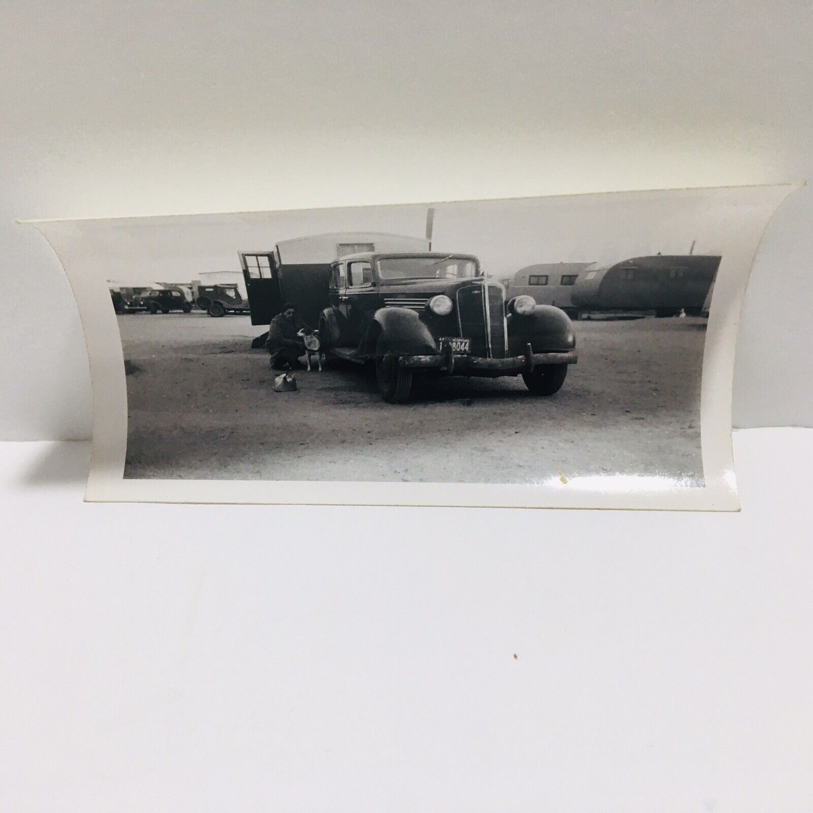 Old Vintage Photo WOMAN DOG CLASSIC CAR TRAILER B&W License Plate NEBRASKA?