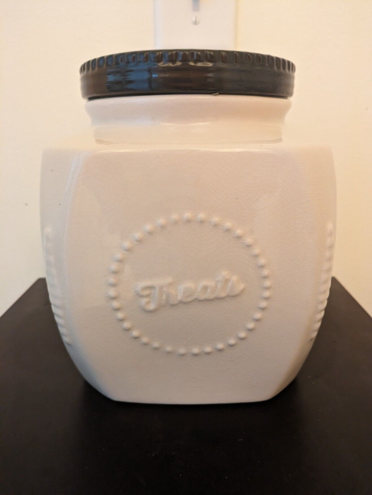 Large Stoneware Treat Canister by SCM Home, Cream w. Black Lid, Crazing All over