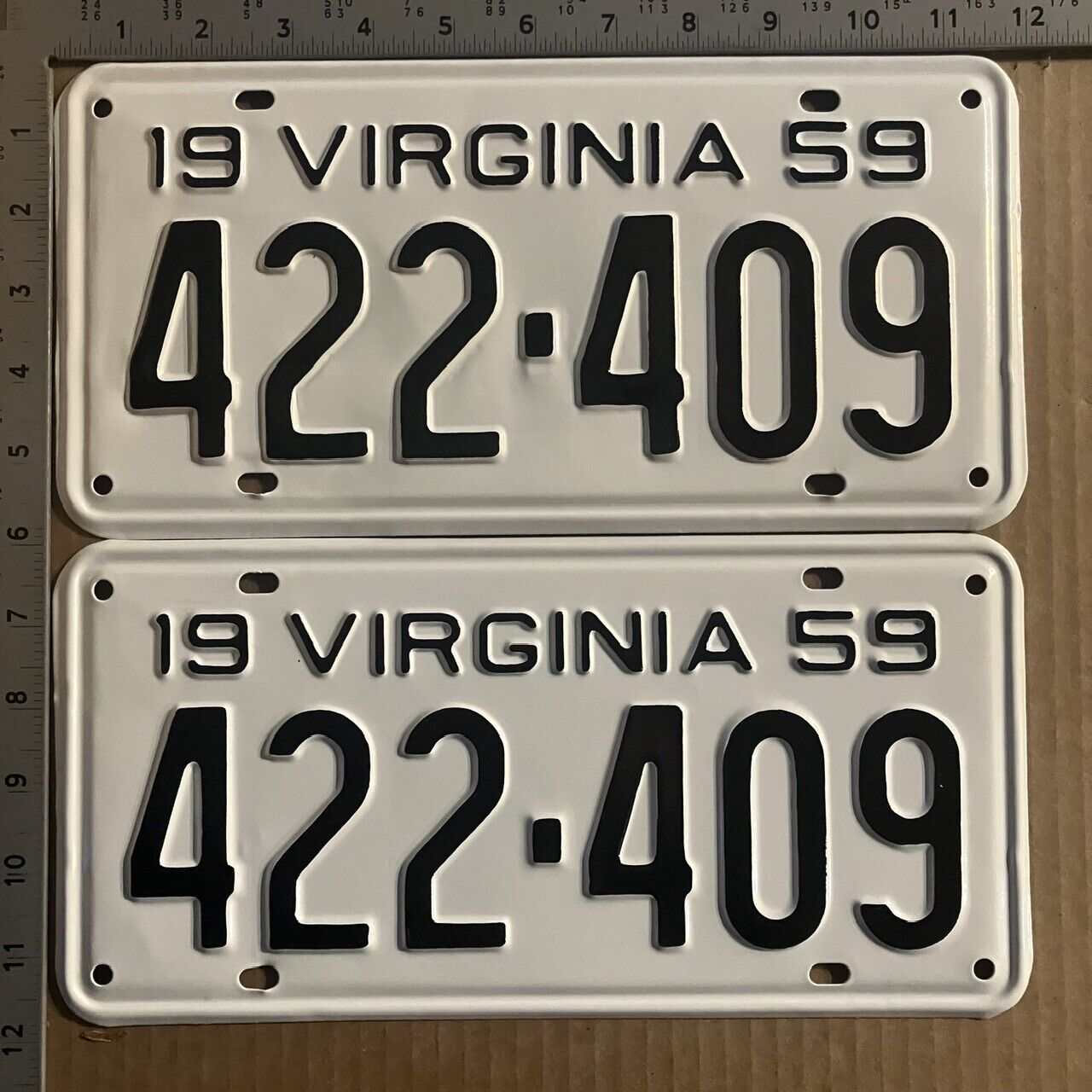 1959 Virginia license plate pair 422-409 YOM DMV Chevy SHE'S REAL FINE 10292