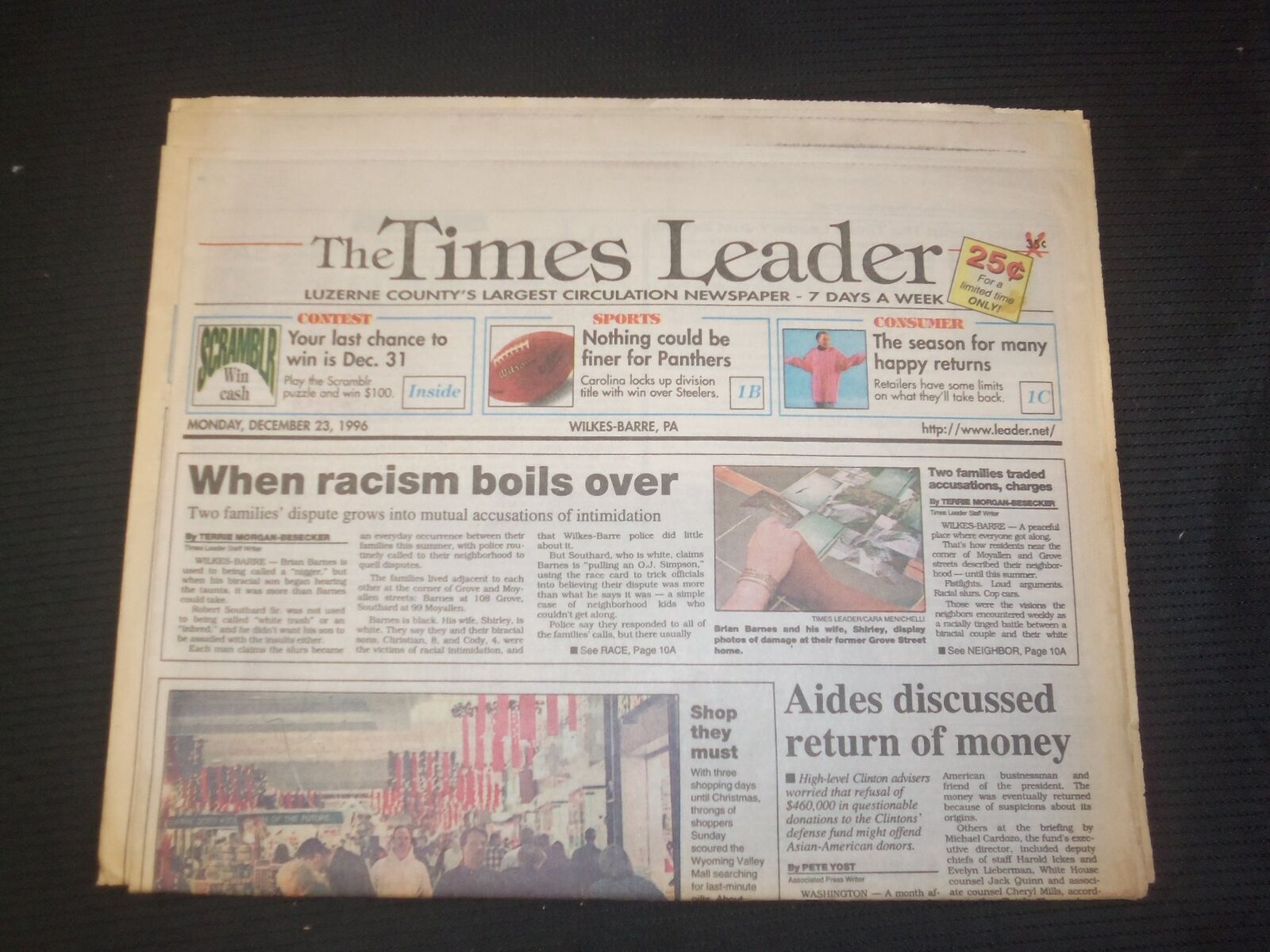 1996 DECEMBER 23 WILKES-BARRE TIMES LEADER - WHEN RACISM BOILS OVER - NP 7599