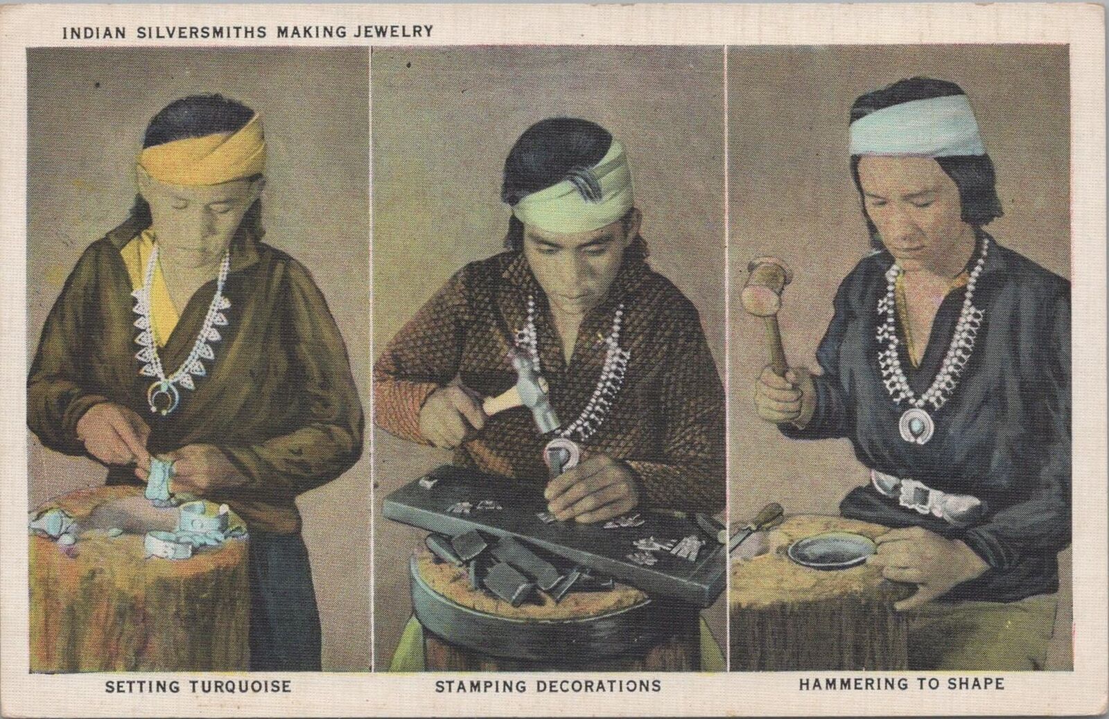 Postcard Native American Indian Silversmiths Making Jewelry