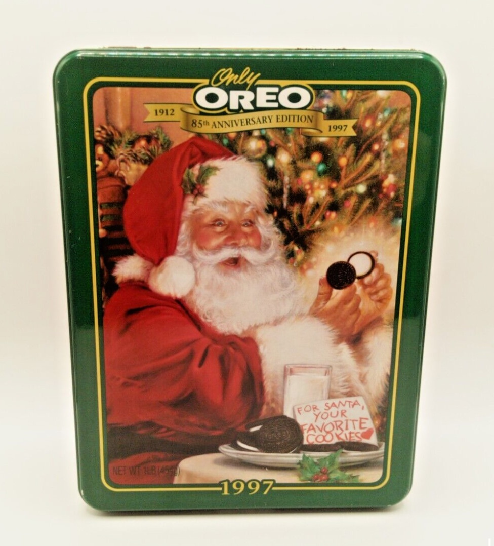 Vintage 1997 Oreo Cookie Collectible Storage Tin Santa Christmas Gift Holidays