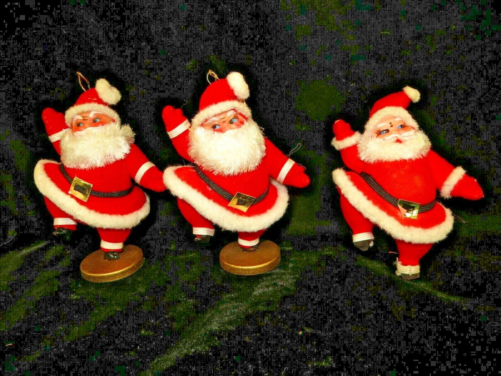 3 Vintage Blow Mold Red Flocked Dancing Santa Christmas Ornaments
