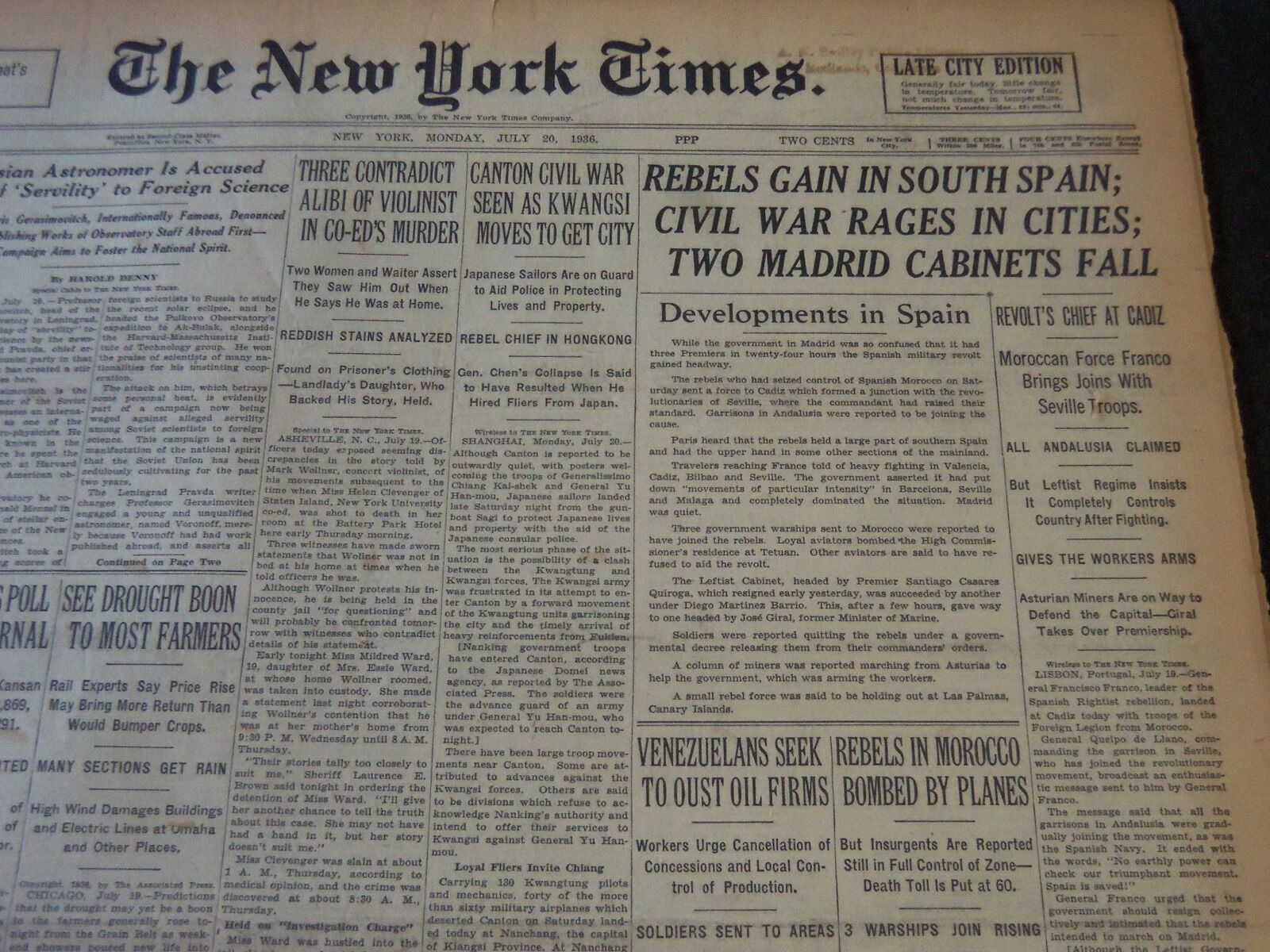 1936 JULY 20 NEW YORK TIMES - REBELS GAIN IN SOUTH SPAIN - NT 6722