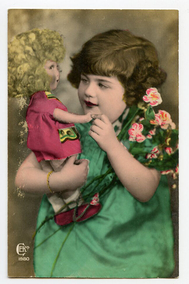 c 1930 Children Child Pretty Little GIRL w/ HER DOLL European photo postcard