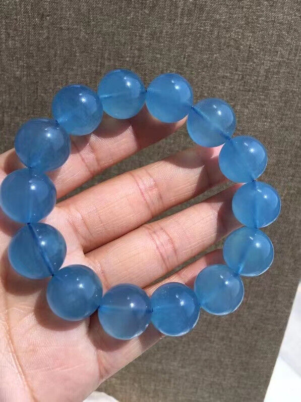 16mm Natural Blue Aquamarine Crystal Gemstone Round Beads Bracelet AAAAA